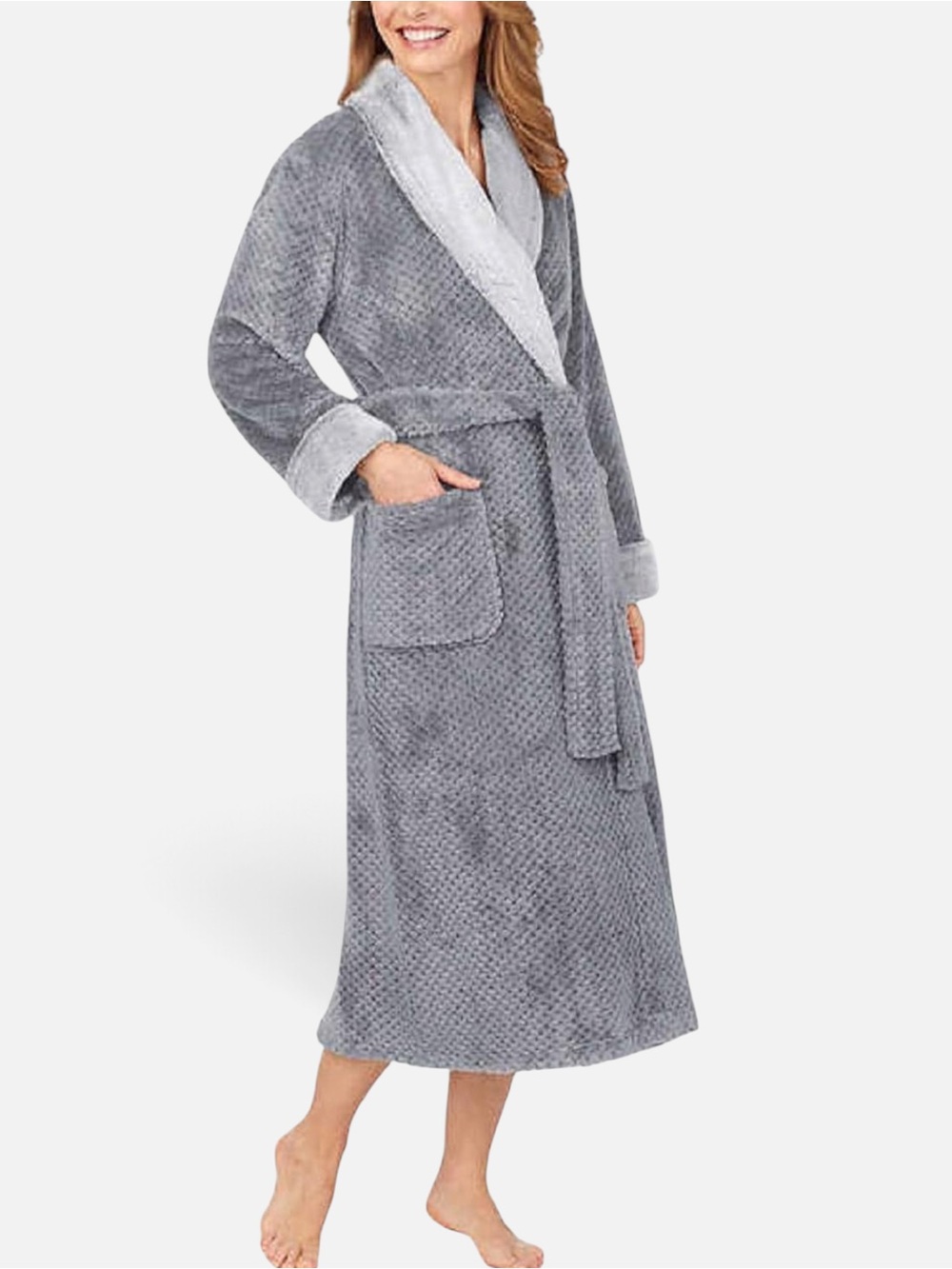 Carole  Hochman Plush Gray Shawl Collar Robe with Contrast Trim and Pockets M